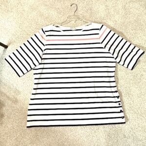Orvis Navy and White Stripe Boatneck Cotton Knit Top Elbow Sleeves Women's XL